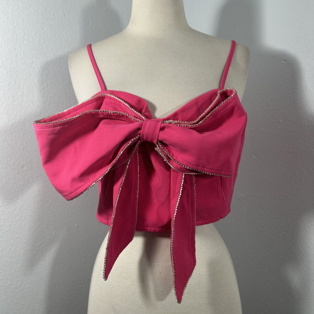Main Strip Crop Top Womens L Pink Bow Rhinestones Romantic Feminine 90s Y2k‎